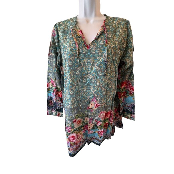 Johnny Was XS Blouse Vibrant Floral Cotton Embroidered Swing L/S Tunic Shirt - Picture 2 of 11